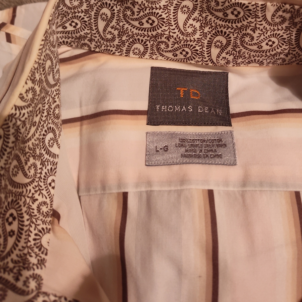 Thomas Dean Cream and Brown Casual Button Down Shirt - Picture 4 of 5